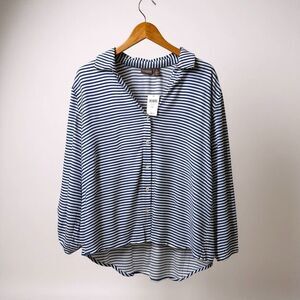 NWT CHICOS Shirt Women’s Size Chico 3/XL Button Up Top Striped Blue White Rayon